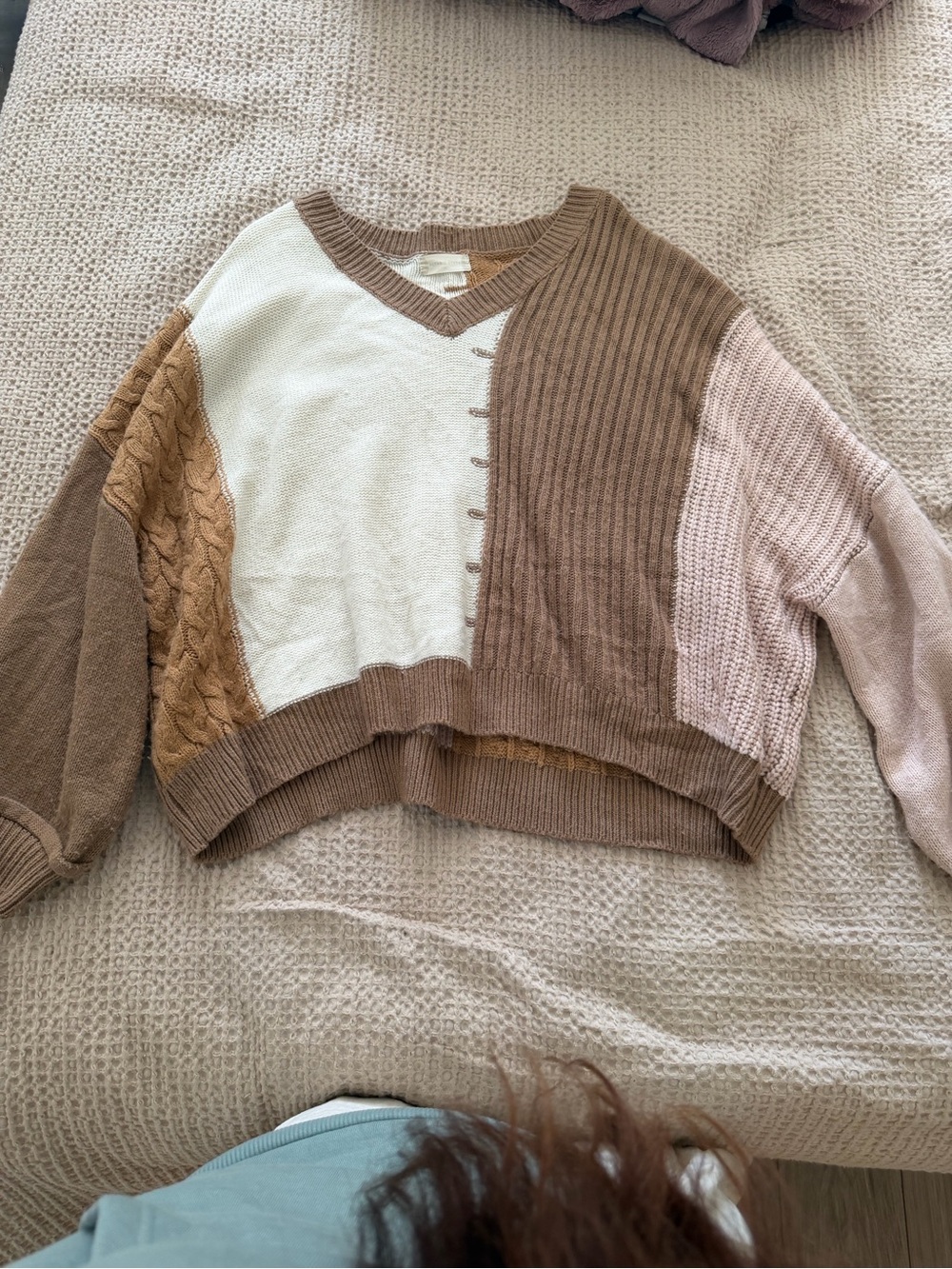 Altar'd State Mixed Patchwork V-Neck Sweater in Brown, Cream & Pink